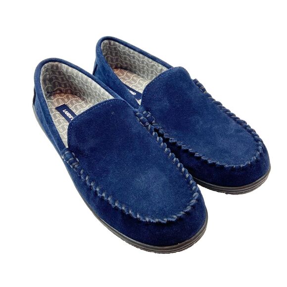 Lands End Slippers Men's 10 Blue Suede Slip On Moccasins Flannel Lined - Picture 1 of 8